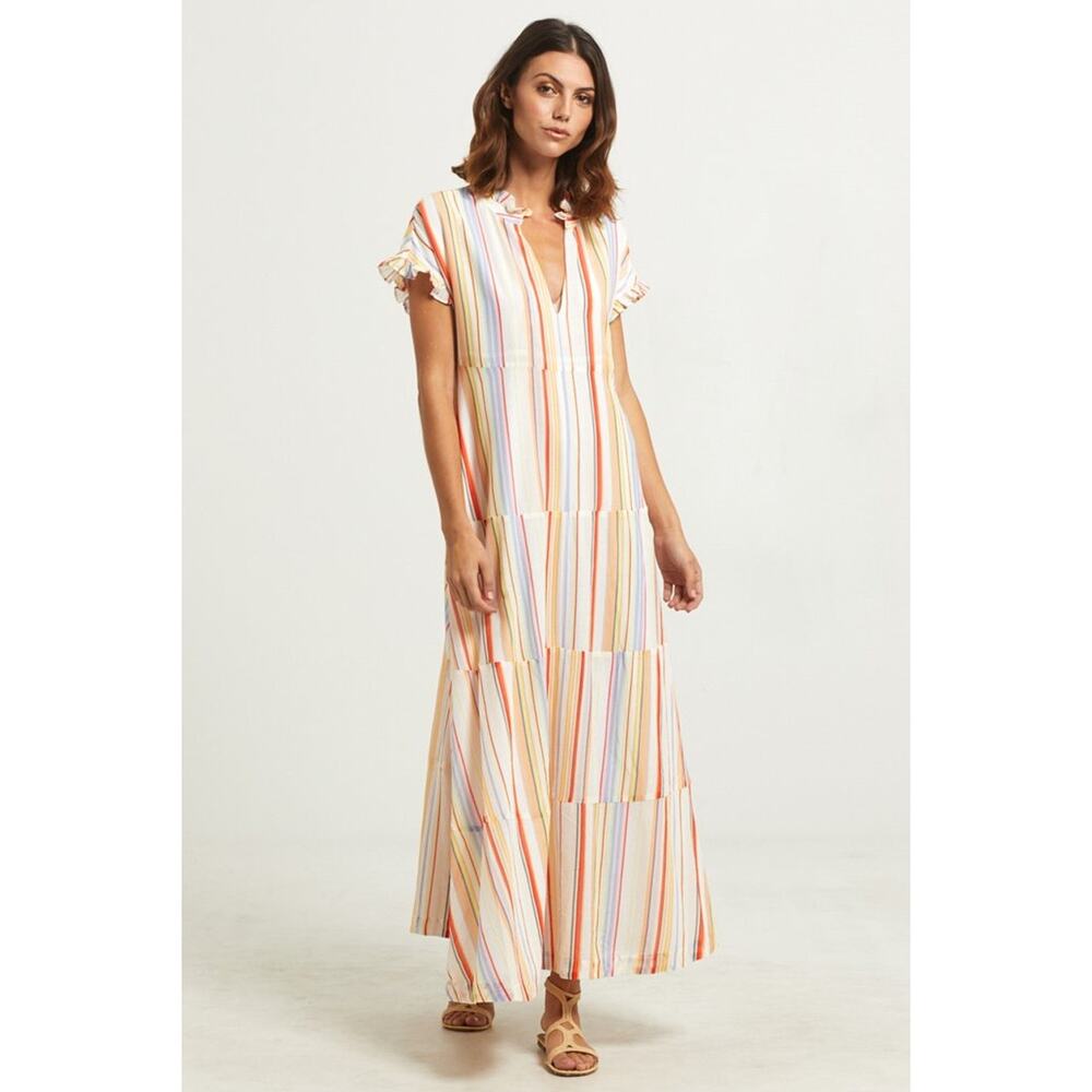 NEW Marie Oliver Farah Tier Maxi Cream Multicolor Striped Maxi Dress Size: XXS